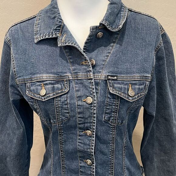 Vintage Faconnable Distressed Denim Jean Jacket Fitted Stretch Y2K Womens Small - Picture 2 of 14